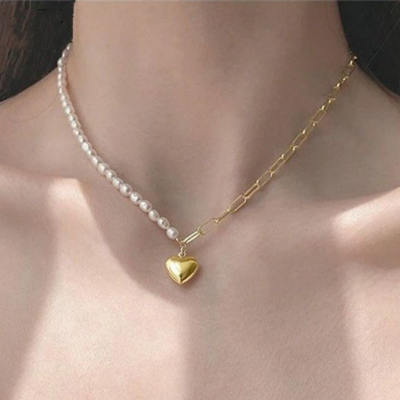 NEW Yellow Gold Pearl Heart Link Chain Necklace - Picture 1 of 8